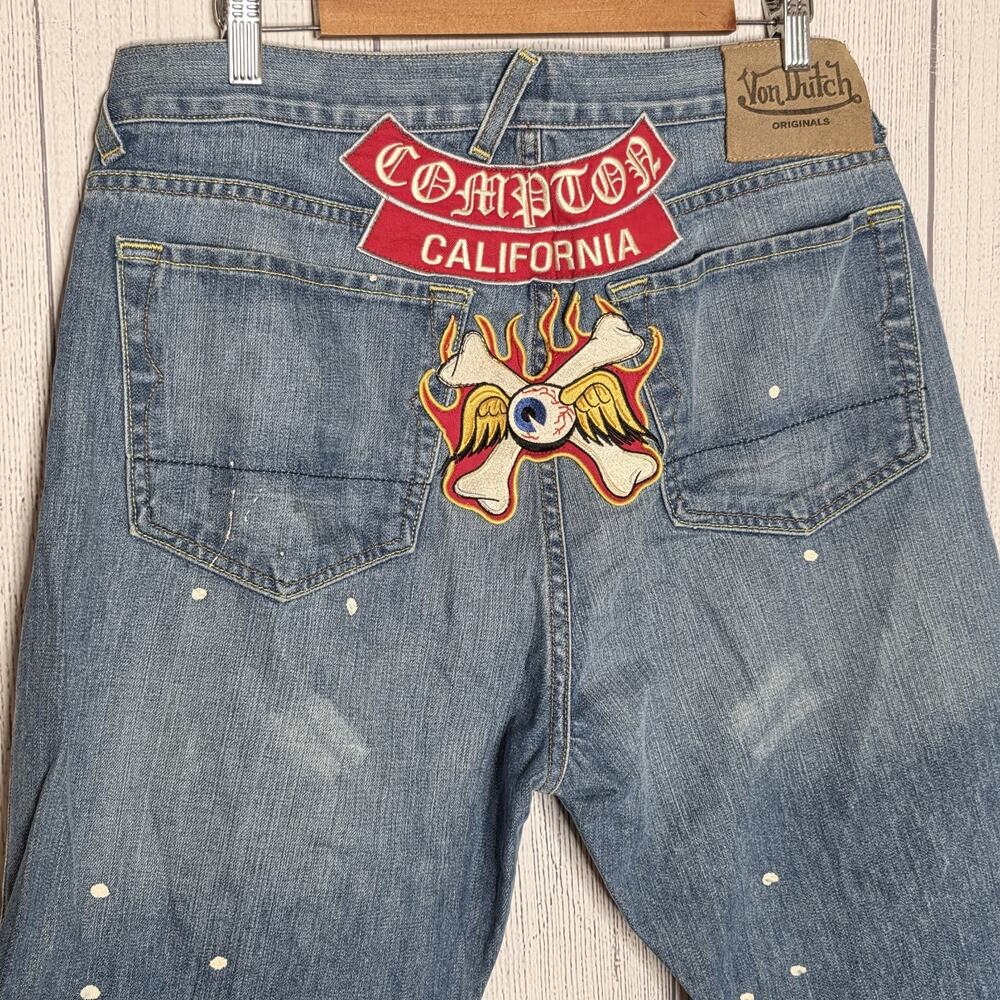 Y2K Von Dutch Compton Distressed Paint Splatter Jeans USA Made 34x32 - Picture 6 of 12